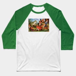 Frog and Gnome Play on Seesaw Baseball T-Shirt